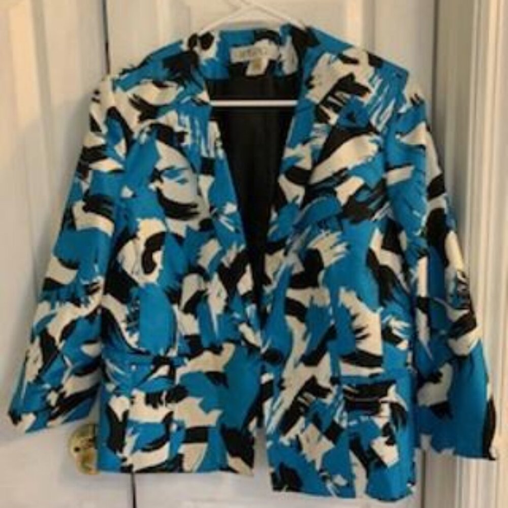 Kasper Career Blazer (Black, Blue, White Print), Sz 14P